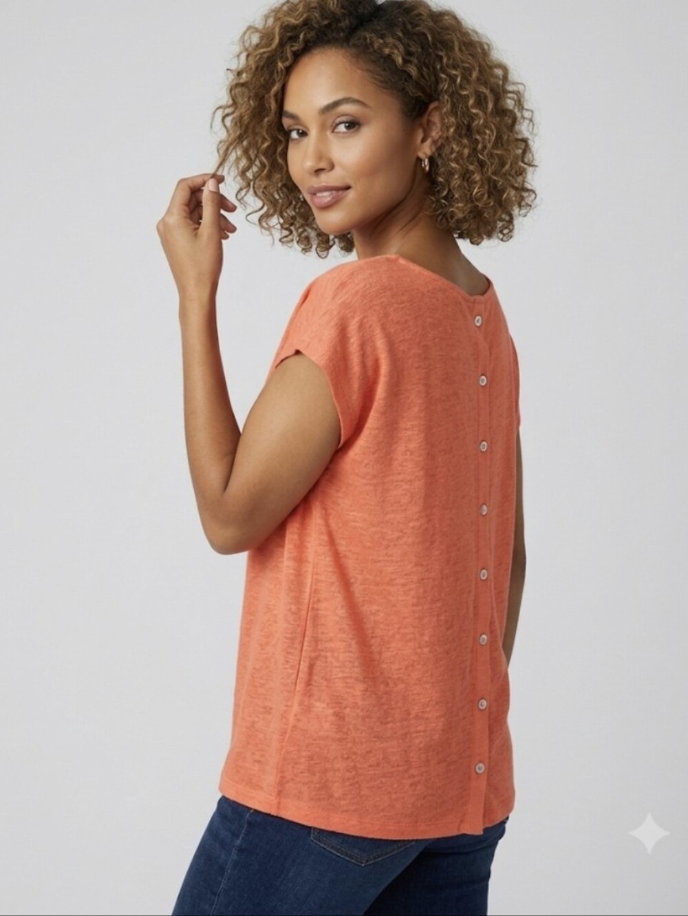 Tahari 100% Linen Coral Orange Short Sleeve Top Button Back Size XL